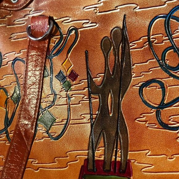 Vintage Tooled Leather Handbag Abstract Art Design Brown Shoulder Purse - Picture 8 of 8